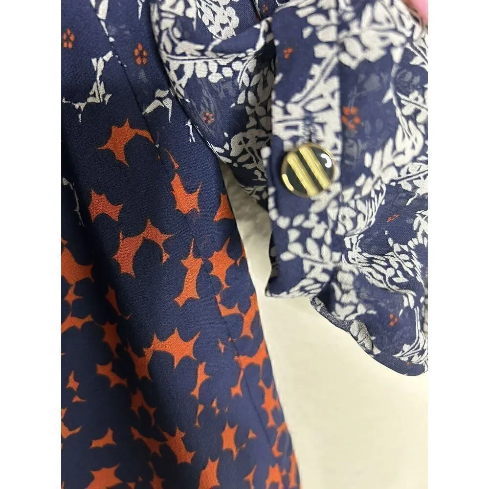 Tory Burch Womens Blouse Blue Floral Long Sleeve Button Cuff Keyhole Neck Top 2